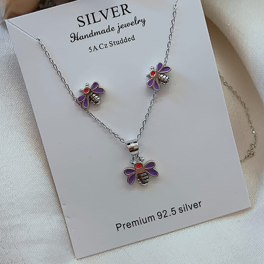 Purple Enamel Honey Bee Pendant Set